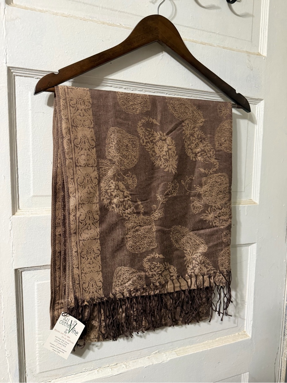 100% Pashmina Paisley Print Large Scarf in Brown & Beige NWT
